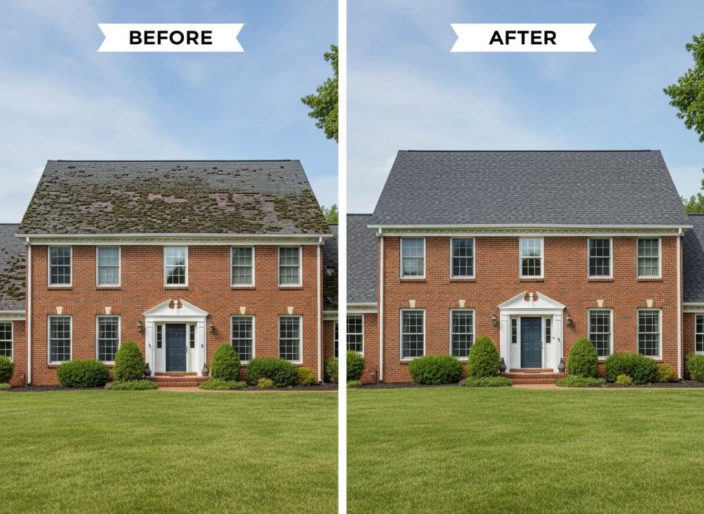 Before and after emergency slate and copper flashing repair on a Victorian home in Moorestown NJ — period-matched materials, Historic Preservation Commission compliant by Monarch Contractors, Burlington County