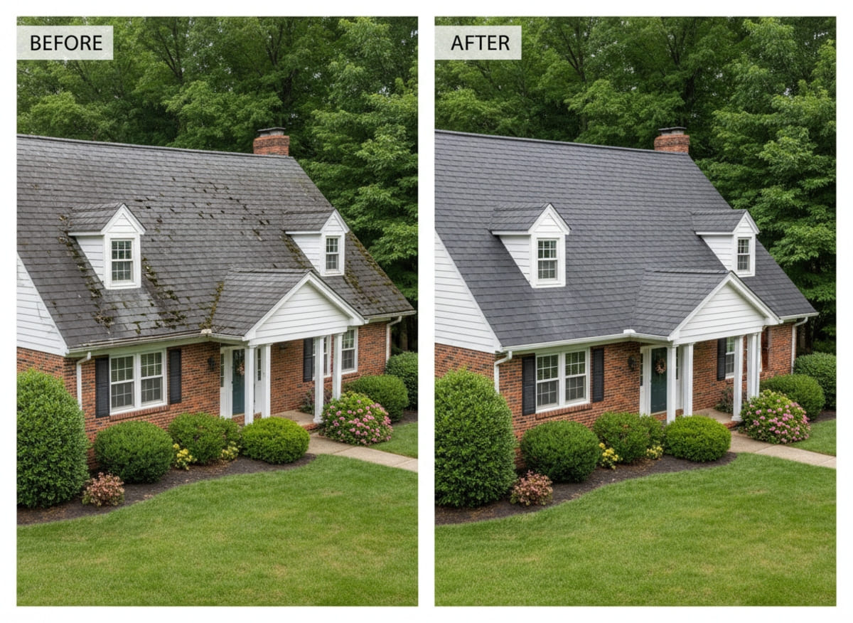 Before and after emergency slate roof repair on a Victorian home in Doylestown PA — displaced slate and copper flashing restoration by Monarch Contractors, Bucks County