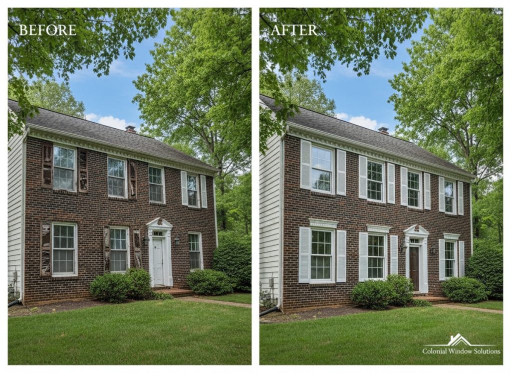 Before and after window replacement on a 1970s colonial in Southampton PA — new OKNA Windows double-hung uPVC vinyl units installed by Monarch Contractors, Bucks County