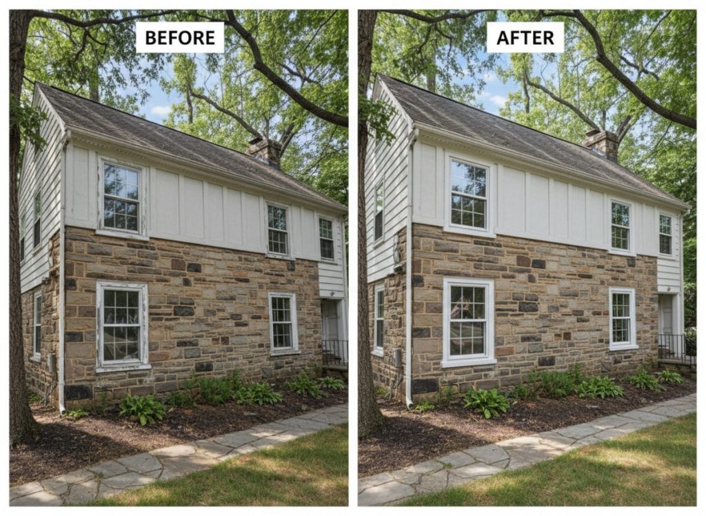 Before and after window replacement on a Bristol Borough row home — new OKNA Windows double-hung uPVC vinyl units installed by Monarch Contractors in Bucks County