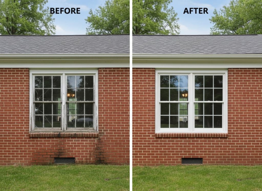 Before and after window replacement on a Bristol Borough row home — new OKNA Windows double-hung uPVC vinyl units installed by Monarch Contractors in Bucks County