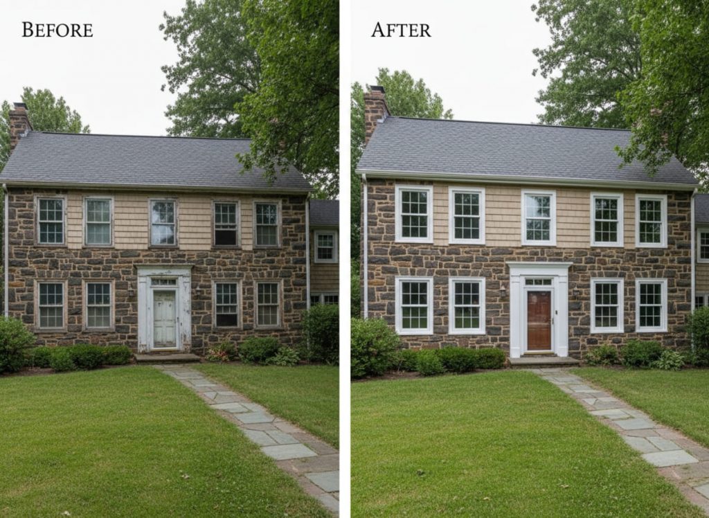 Before and after window replacement on a colonial home in Newtown PA — new double-hung windows installed by Monarch Contractors, Bucks County