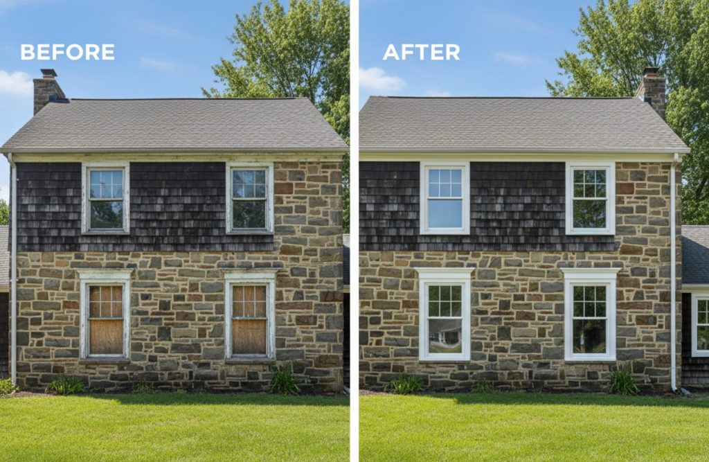Before and after window replacement on a mid-century ranch in Langhorne PA — new OKNA Windows double-hung and sliding vinyl windows installed by Monarch Contractors, Bucks County