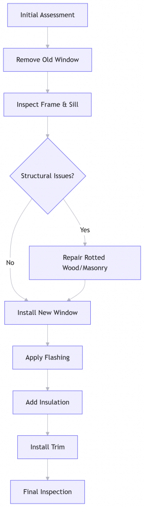 Flowchart showing professional window installation steps from assessment to completion