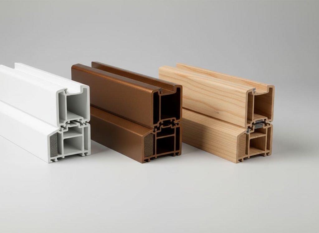 Comparison of vinyl, fiberglass, and wood window frames showing material differences
