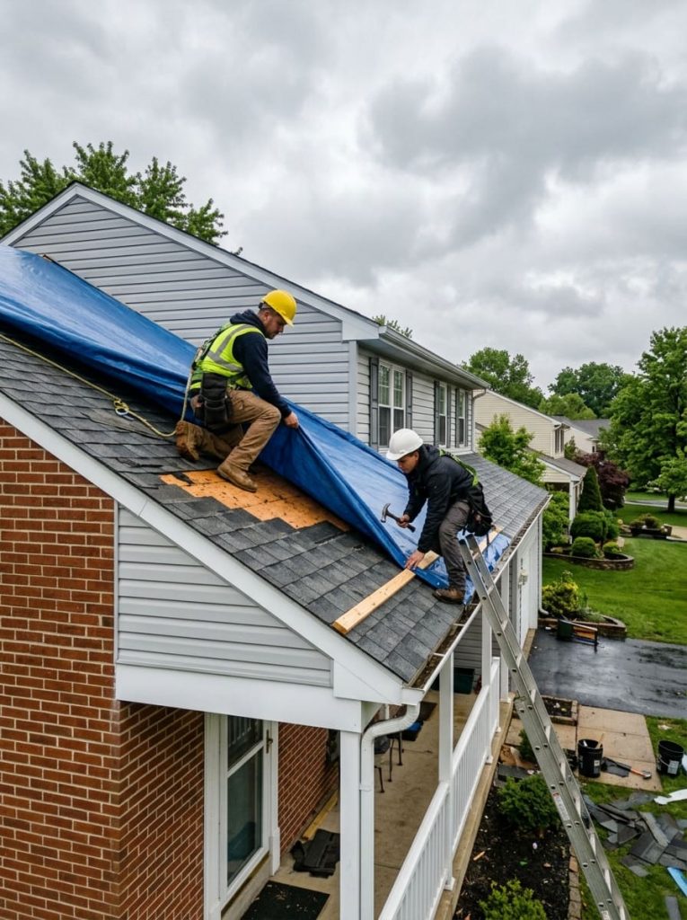 Professional roofer with tool belt preparing for slate roof repair in Philadelphia