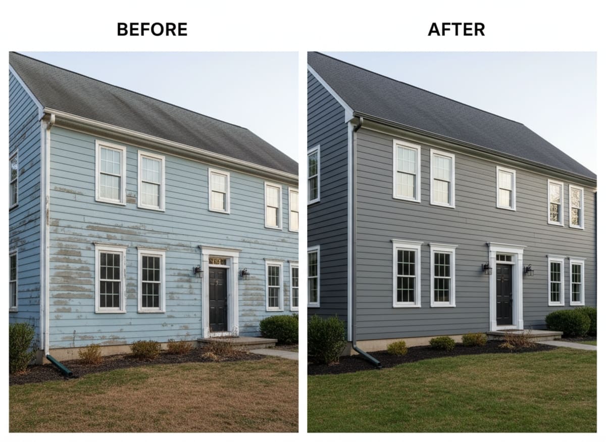 Before and after: deteriorated wood siding with tree impact damage replaced with fiber cement on a Colonial home in Abington PA — ventilated rainscreen on north elevation