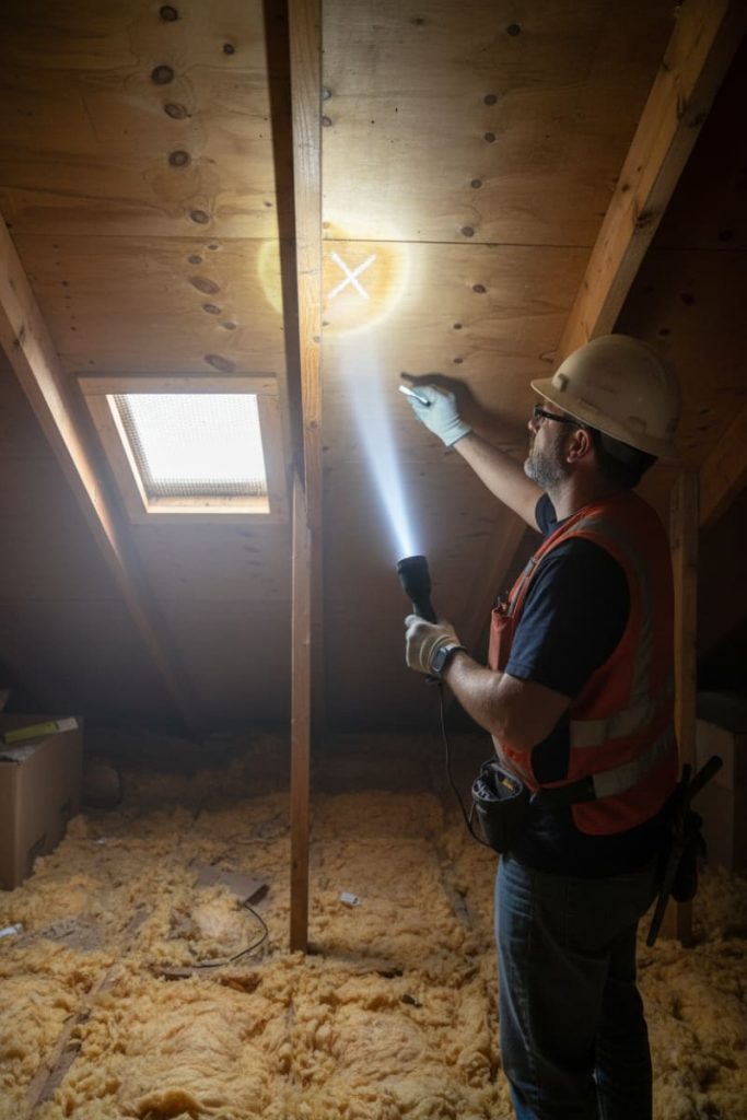 Roofing inspector examining attic rafters and roof decking for moisture damage and ventilation issues during a home inspection in Pennsylvania