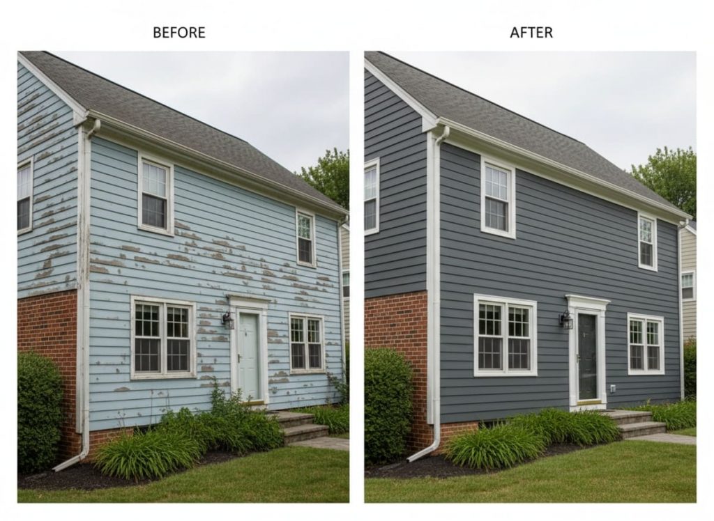 Before and after: mold-covered wood siding replaced with dark fiber cement on a lakefront Mountain Cottage in Canadensis PA — ventilated rainscreen and full ice protection