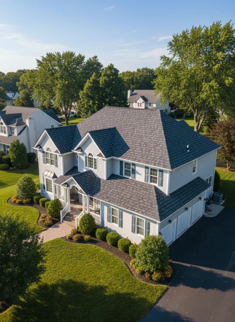 Completed residential roof replacement with new architectural shingles on a home in NJ