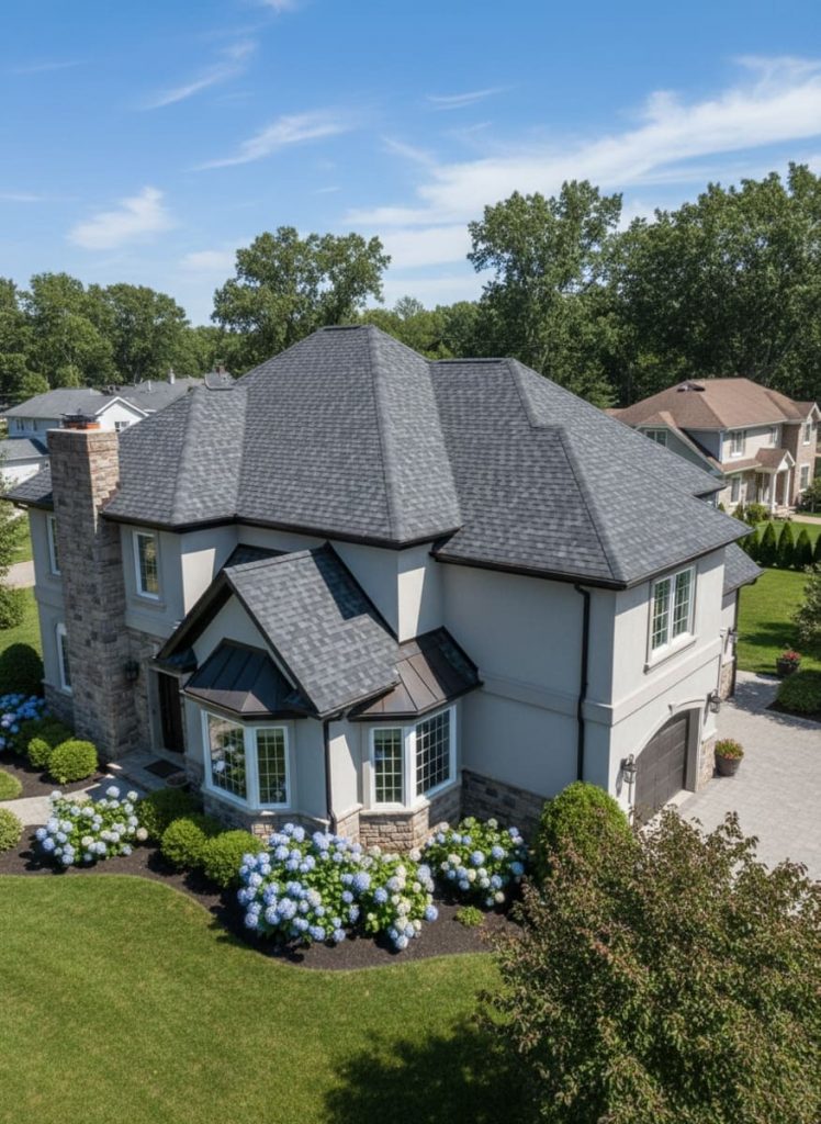 Completed residential roof replacement with new architectural shingles on a home