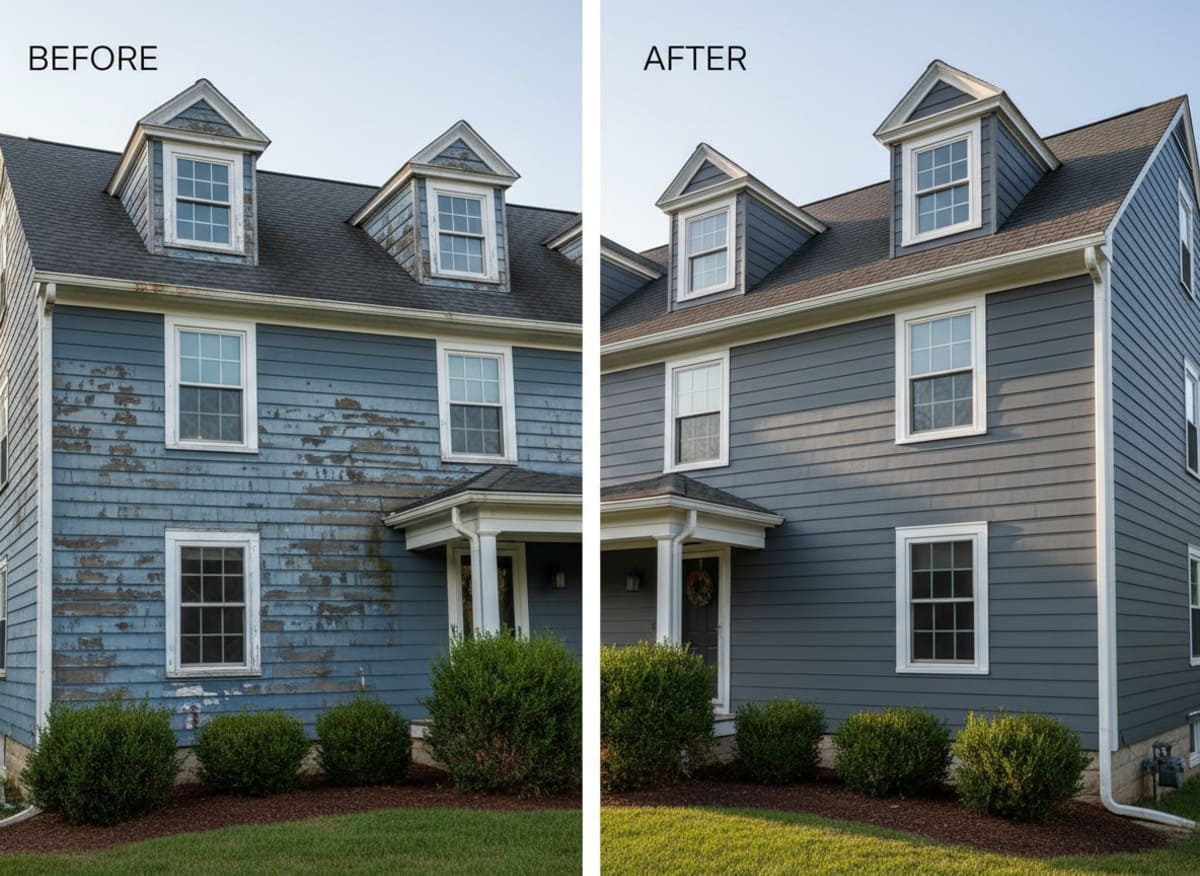 Before and after: warped vinyl replaced with fiber cement on a Ranch home in East Stroudsburg PA — ice-and-water shield and moisture barrier installed