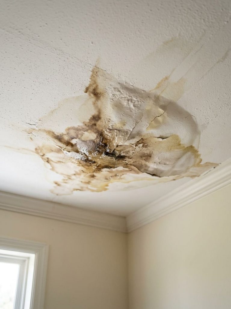 Interior ceiling with active water staining and moisture damage from roof leak — brown water stains spreading from a central point on a residential ceiling