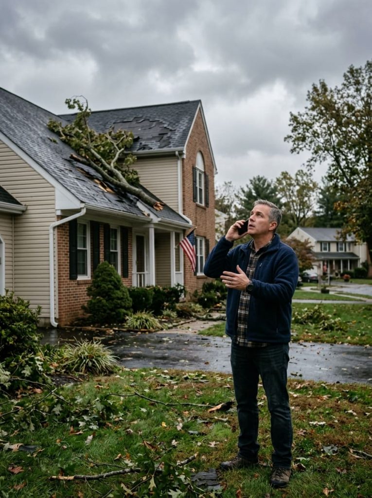 Homeowner on the phone with a roofing contractor while looking at visible storm damage on their roof from the yard — fallen branch and damaged shingles visible
