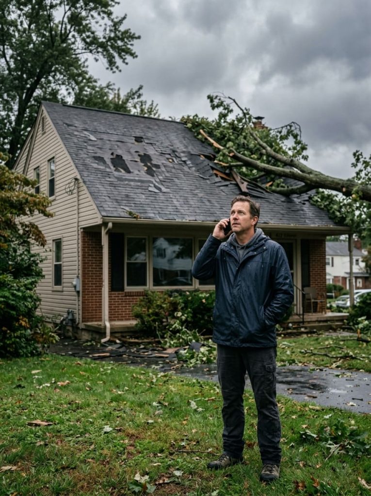 Homeowner on the phone with a roofing contractor while looking at visible storm damage on their roof from the yard — fallen branch and damaged shingles visible
