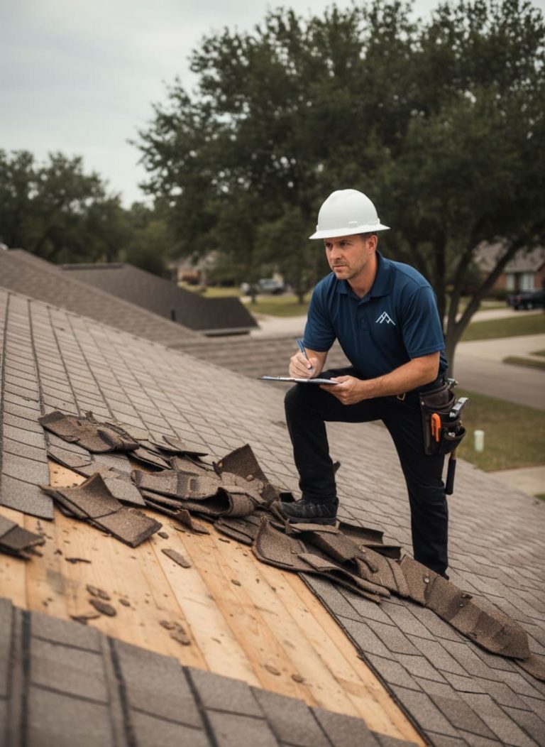 Roofing contractor conducting on-site damage assessment on a residential roof after a storm — inspecting missing shingles and writing notes on a clipboard