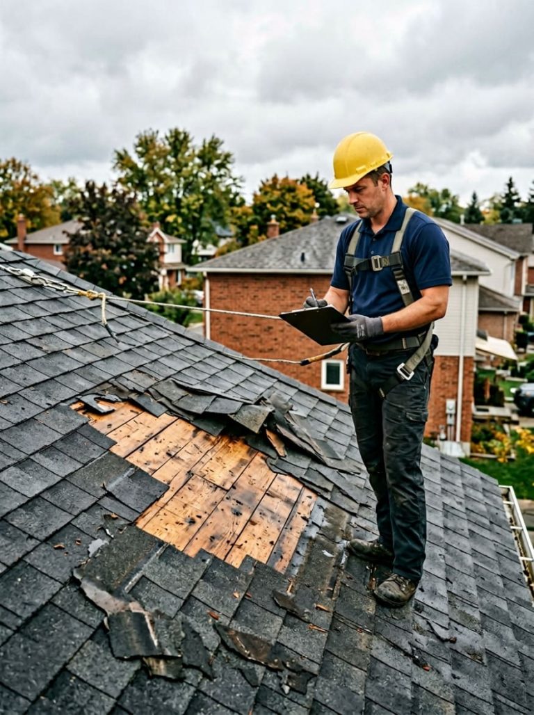 Roofing contractor conducting on-site damage assessment on a residential roof after a storm — inspecting missing shingles and writing notes on a clipboard