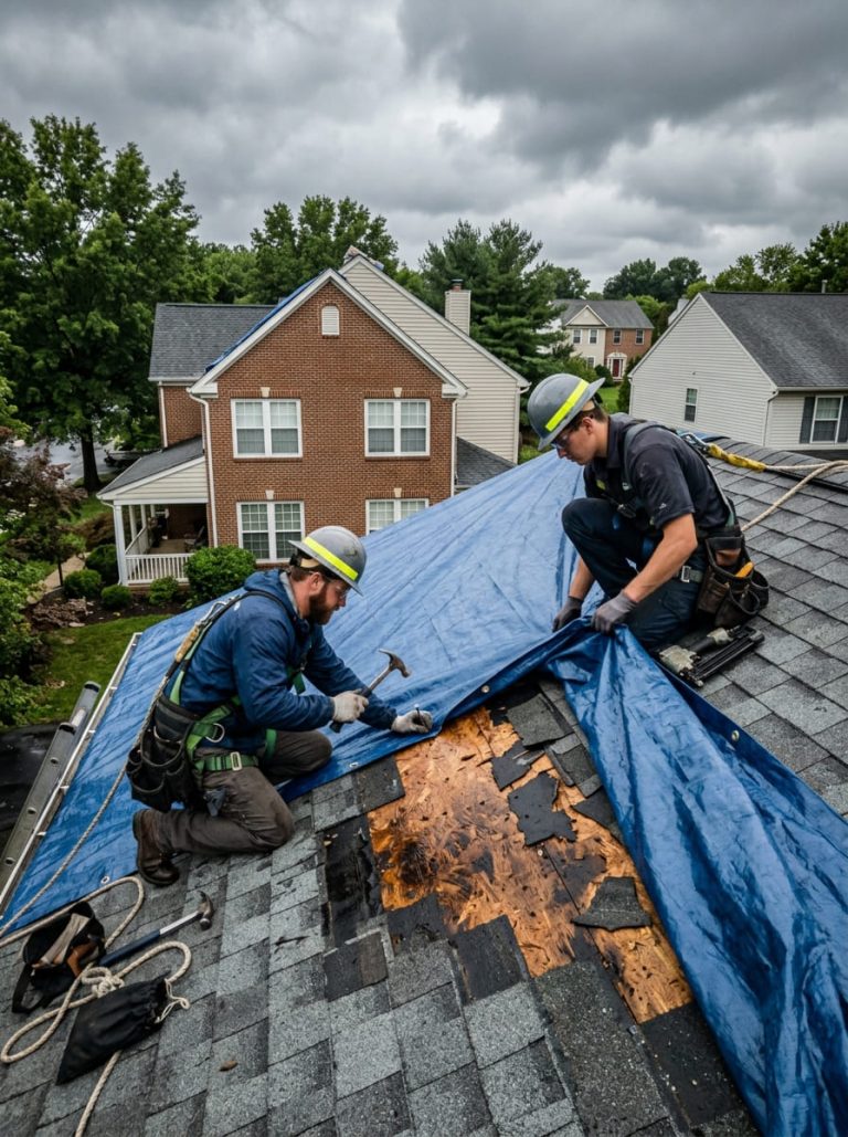 Emergency roofing crew securing a blue protective tarp over storm-damaged roof area — workers on roof with safety harnesses during urgent repair response