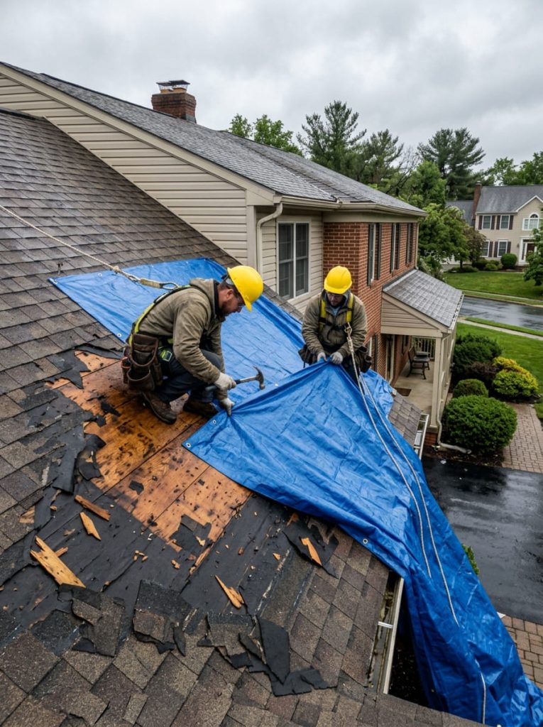 Emergency roofing crew securing a blue protective tarp over storm-damaged roof area — workers on roof with safety harnesses during urgent repair response