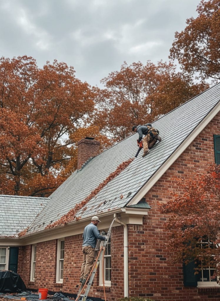 Roofing technician cleaning gutters and inspecting flashing during fall roof maintenance preparation before winter in Bucks County, PA