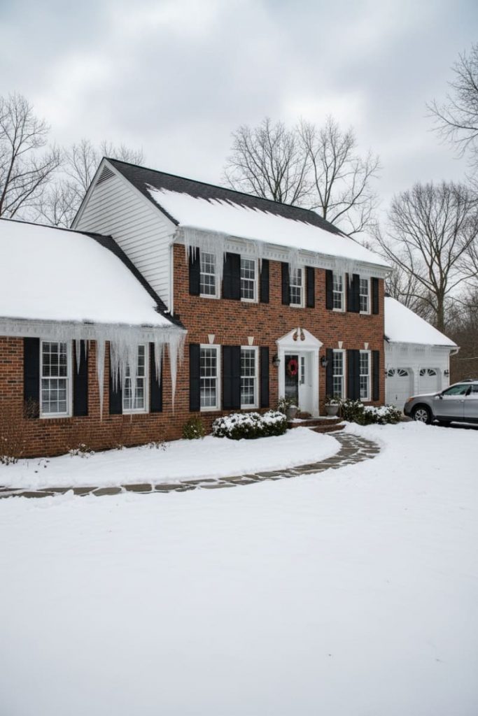 Ice dam and icicle formation along the eaves of a Pennsylvania colonial home after snowfall