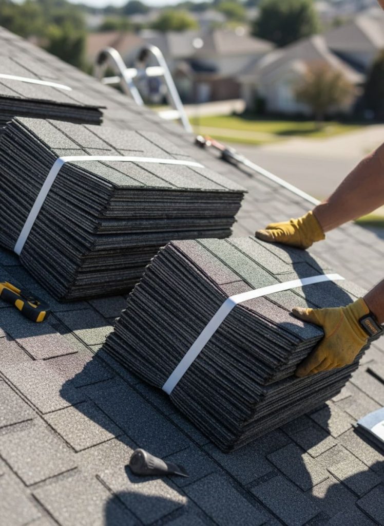 GAF and CertainTeed roofing shingles stacked on a residential roof for installation in Pennsylvania