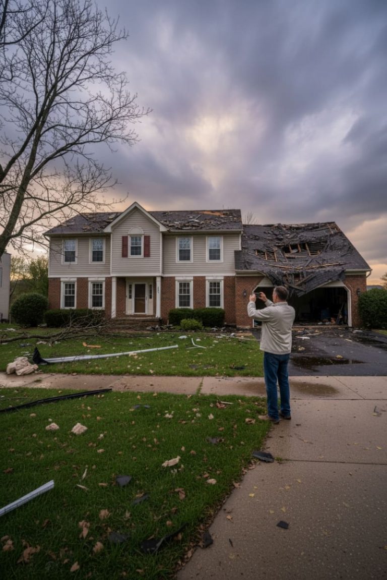 Storm-damaged residential roof in Pennsylvania with missing shingles and exposed decking after a severe thunderstorm