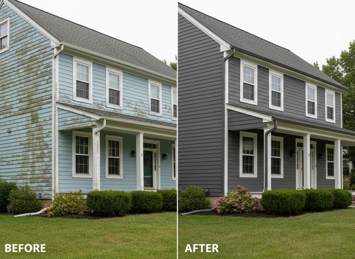 Before and after: warped 1970s vinyl replaced with fiber cement on a Colonial home in Horsham PA — moisture barrier and ice-and-water shield installed