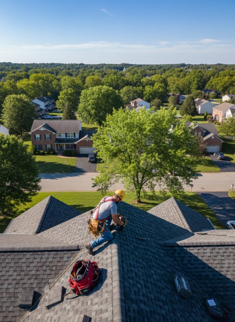 Licensed Monarch Contractors roofing crew performing scheduled maintenance work on a residential roof in Pennsylvania — no subcontractors