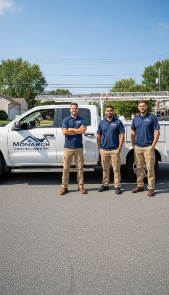 Monarch Contractors certified roofing inspection team standing in front of a company vehicle in Bensalem, PA