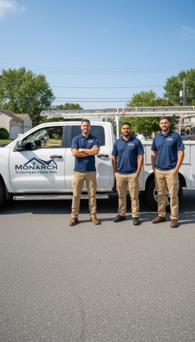 Monarch Contractors certified roofing inspection team standing in front of a company vehicle in Bensalem, PA