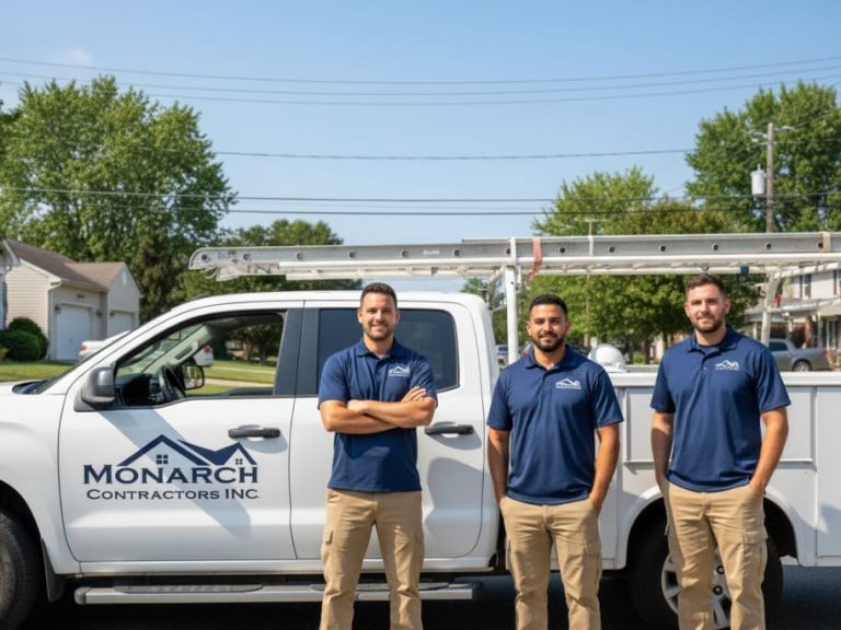 Monarch Contractors certified roofing inspection team standing in front of a company vehicle in Bensalem, PA