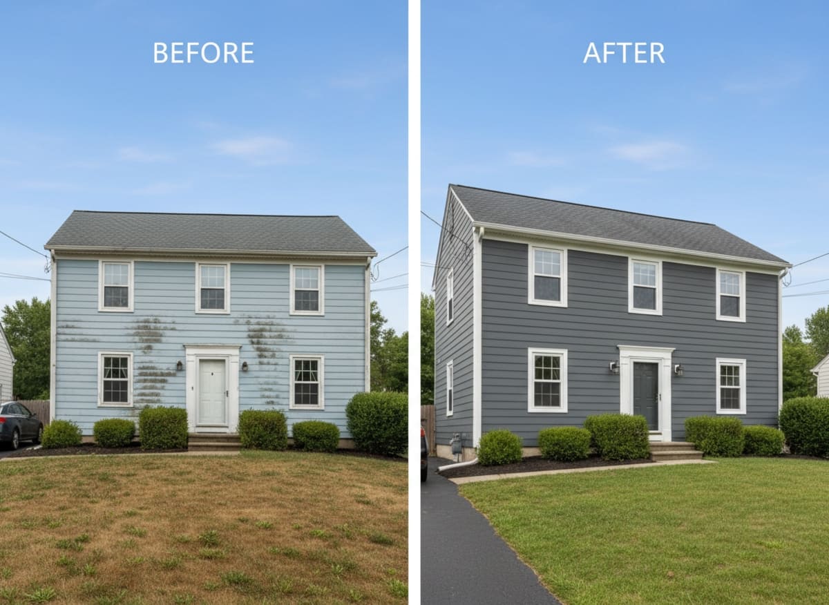 Before and after: deteriorated wood siding replaced with fiber cement on a Colonial home in Moorestown NJ — period trim profiles maintained, full moisture barrier installed