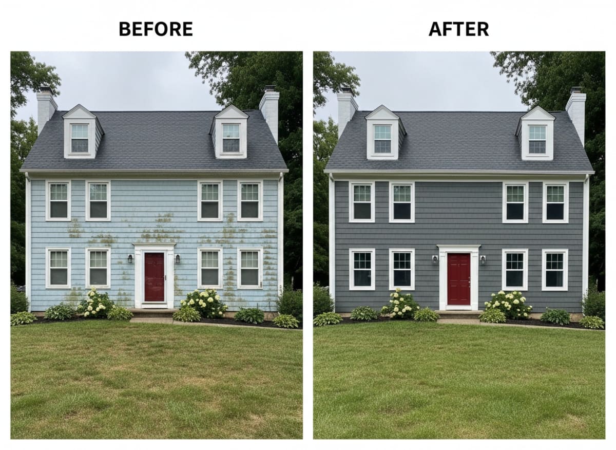 Warped and faded builder-grade vinyl siding on a 1990s Colonial home in Mount Laurel NJ before and after replacement