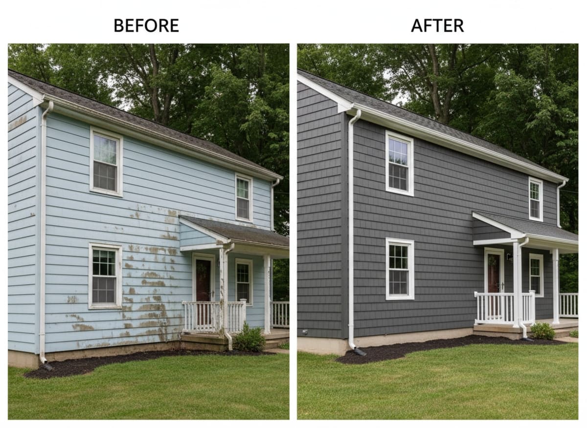 Before and after: snow-damaged wood siding replaced with metal panels on an A-frame vacation property in Mount Pocono PA — reinforced snow load fastening and full ice-and-water shield