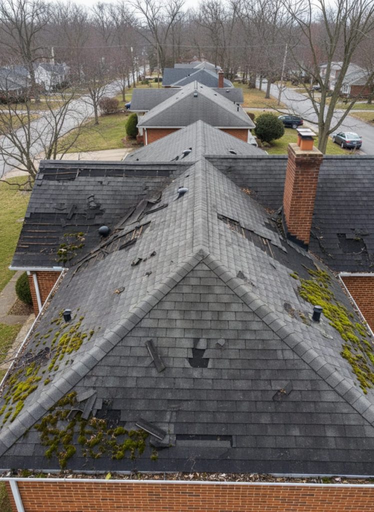 Old residential roof in Pennsylvania showing signs of replacement: missing shingles, granule loss, moss growth, and sagging areas