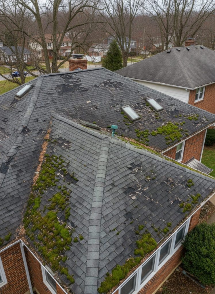 Old residential roof in Pennsylvania showing signs of replacement: missing shingles, granule loss, moss growth, and sagging areas