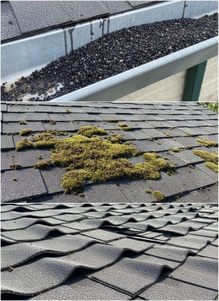 Visual roof maintenance checklist showing moss growth, granule loss in gutters, and curling shingles on a Pennsylvania residential roof