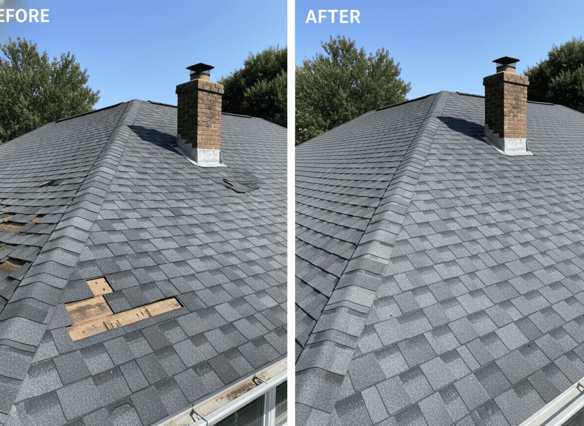 Roof repair before and after — damaged asphalt shingles restored by Monarch Contractors in Pennsylvania