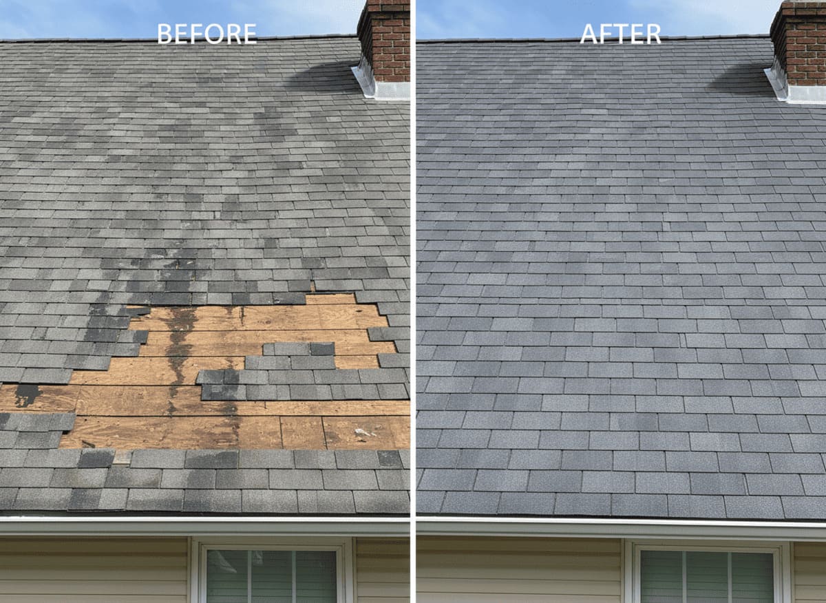 Roof repair before and after — damaged asphalt shingles restored by Monarch Contractors in Pennsylvania