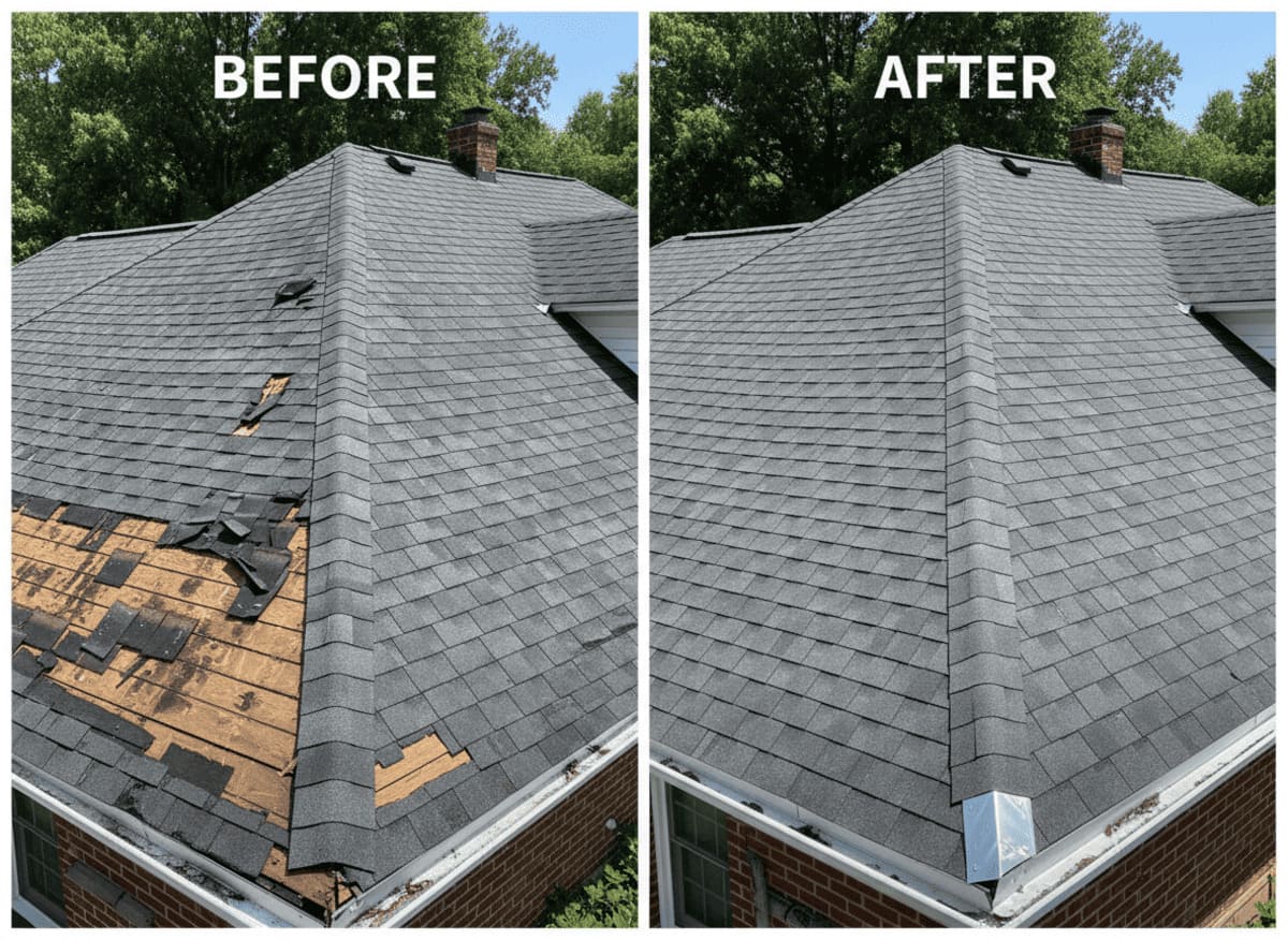 Roof repair before and after — damaged asphalt shingles restored by Monarch Contractors in Pennsylvania