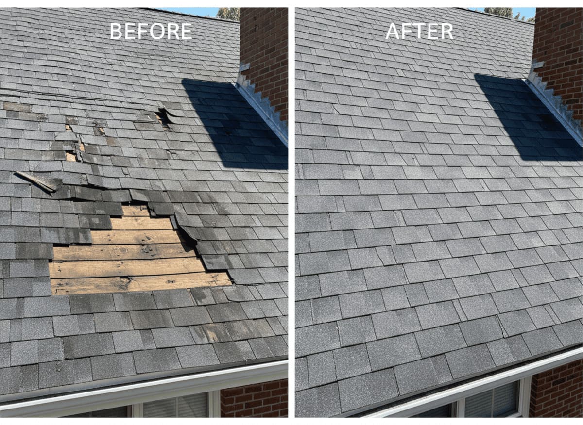 Roof repair before and after — damaged asphalt shingles restored by Monarch Contractors in Pennsylvania