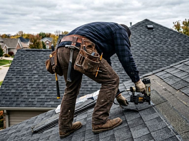 Licensed Philadelphia roofer with tool belt inspecting slate roof before repair — handyman services PA