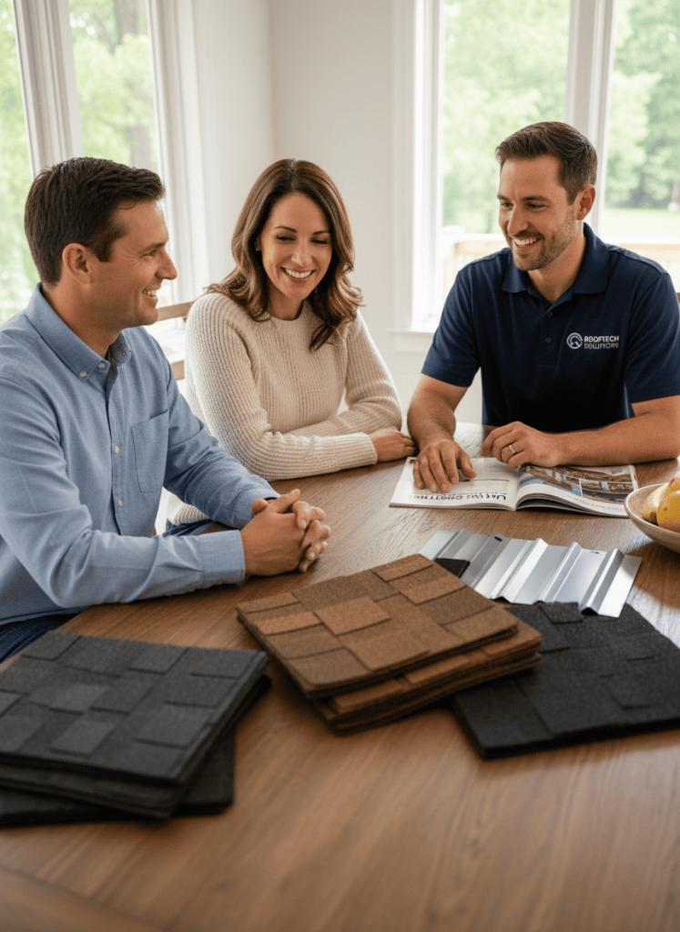 Monarch Contractors roofing specialist showing asphalt shingle samples to homeowners during free in-home consultation in Pennsylvania
