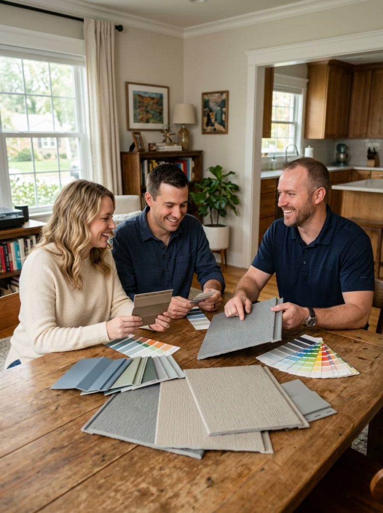 Contractor showing siding material samples to a homeowner during an in-home consultation — fiber cement and vinyl panels spread on a table