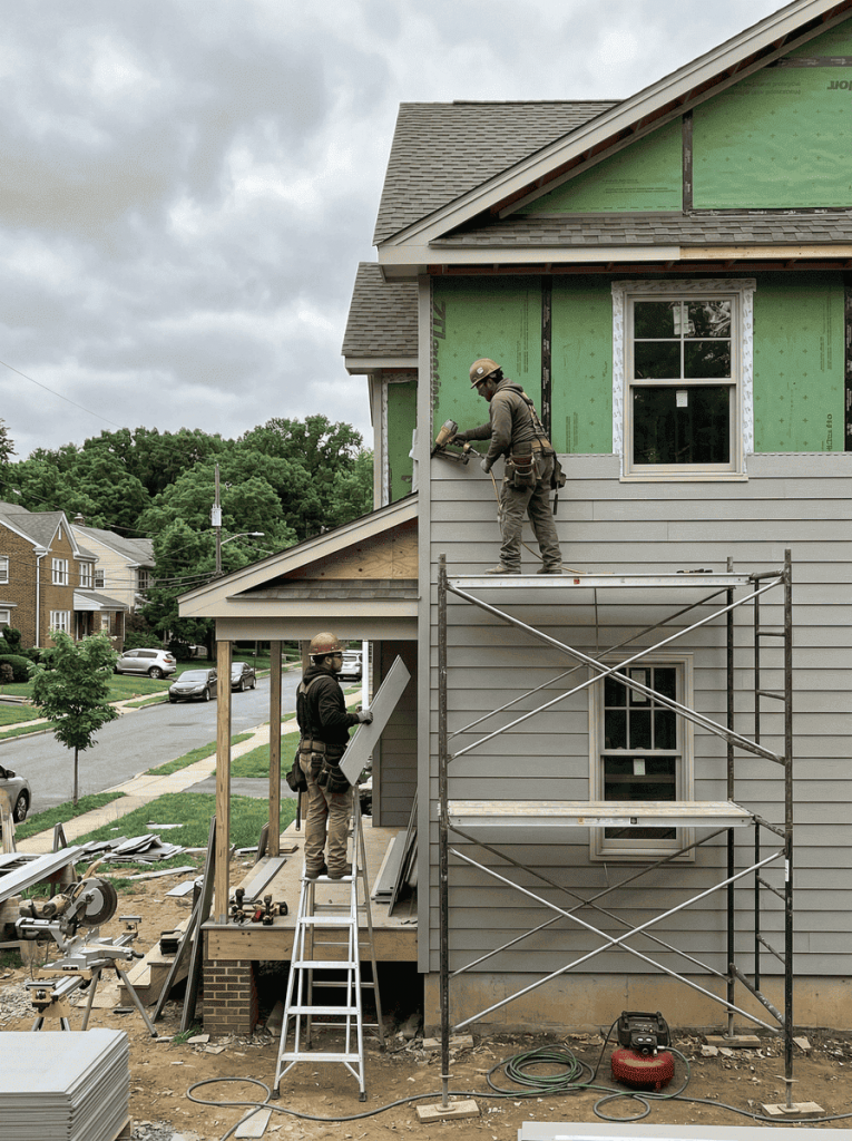 Professional siding installation crew working on a two-story home exterior — installing fiber cement panels with scaffolding and weather-resistant barrier visible