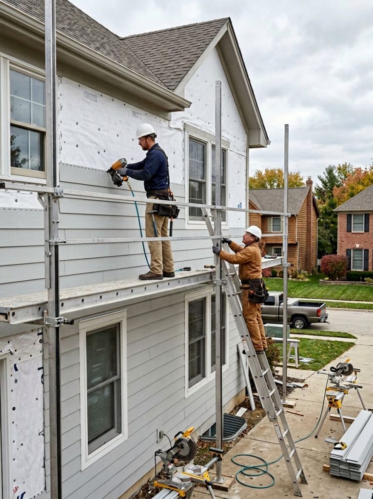 Professional siding installation crew working on a two-story home exterior — installing fiber cement panels with scaffolding and weather-resistant barrier visible