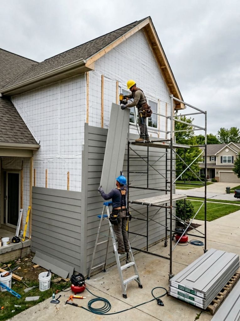 Professional siding installation crew working on a two-story home exterior — installing fiber cement panels with scaffolding and weather-resistant barrier visible