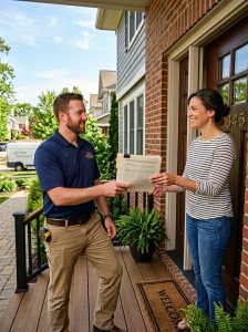 Contractor handing a written itemized siding installation quote to a homeowner at their front door — printed estimate document with clear line items