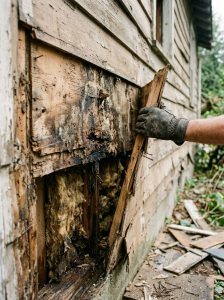 Close-up of deteriorated house siding being removed to reveal damaged wall sheathing and moisture infiltration behind original exterior cladding